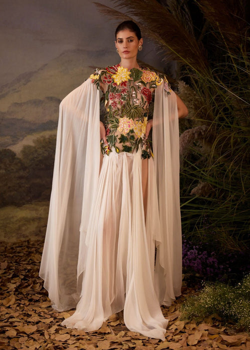 Embroidered Cape Gown.