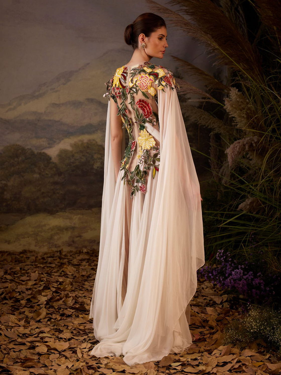 Embroidered Cape Gown.