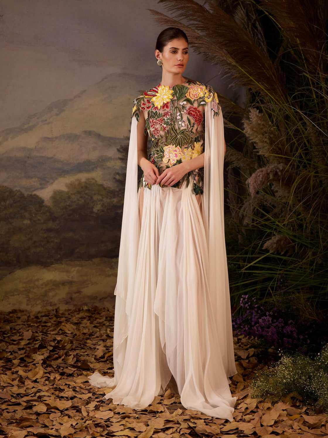 Embroidered Cape Gown.