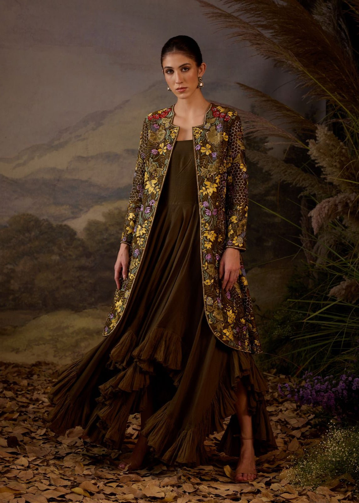Embroidered Long Jacket & Ruffled Dress - samantchauhan Apparel & Accessories