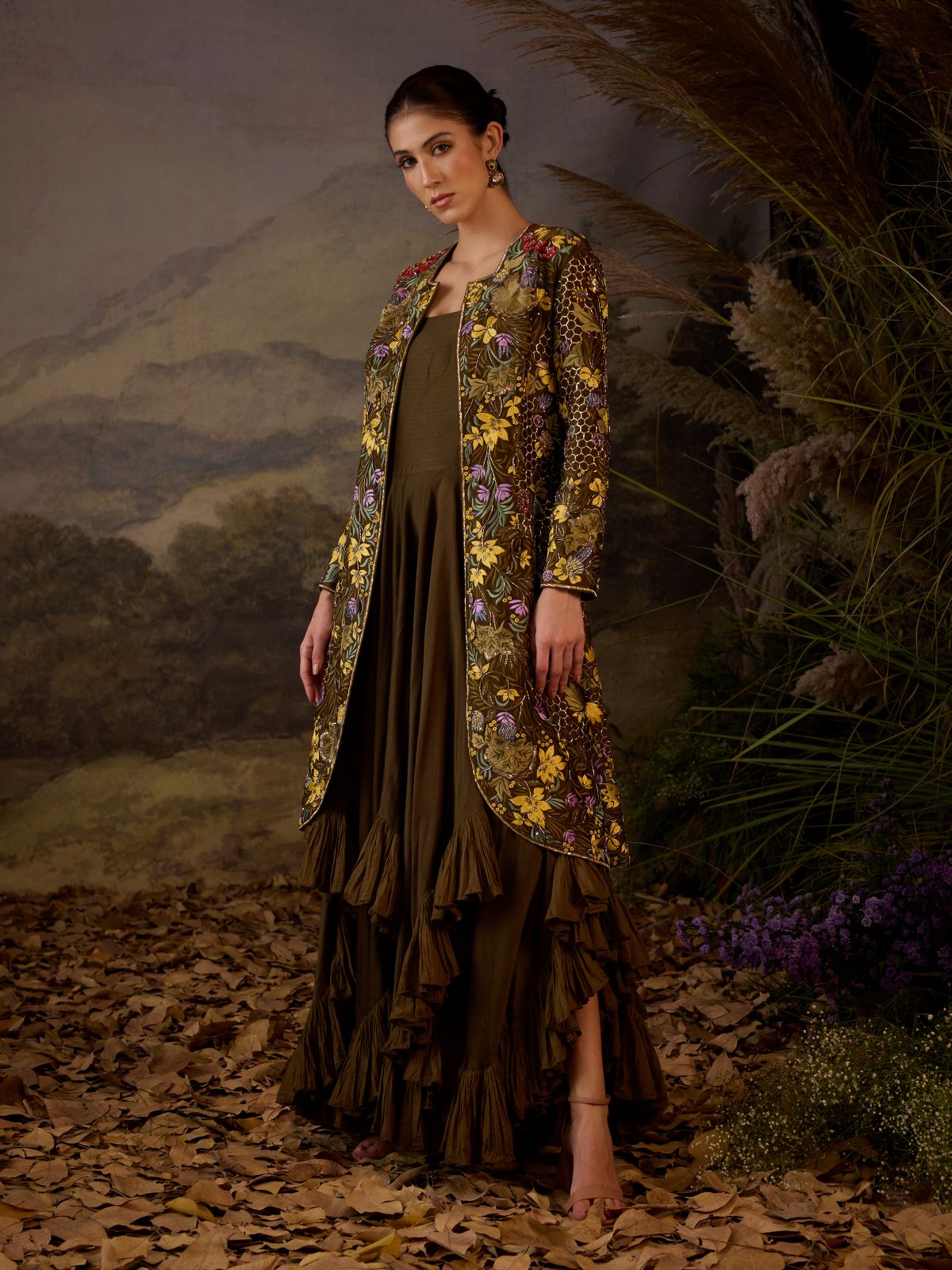 Embroidered Long Jacket & Ruffled Dress - samantchauhan Apparel & Accessories