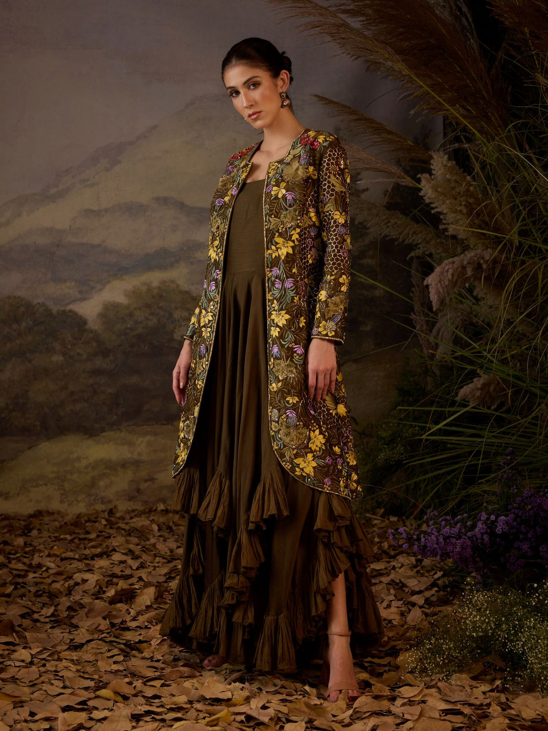 Embroidered Long Jacket & Ruffled Dress - samantchauhan Apparel & Accessories