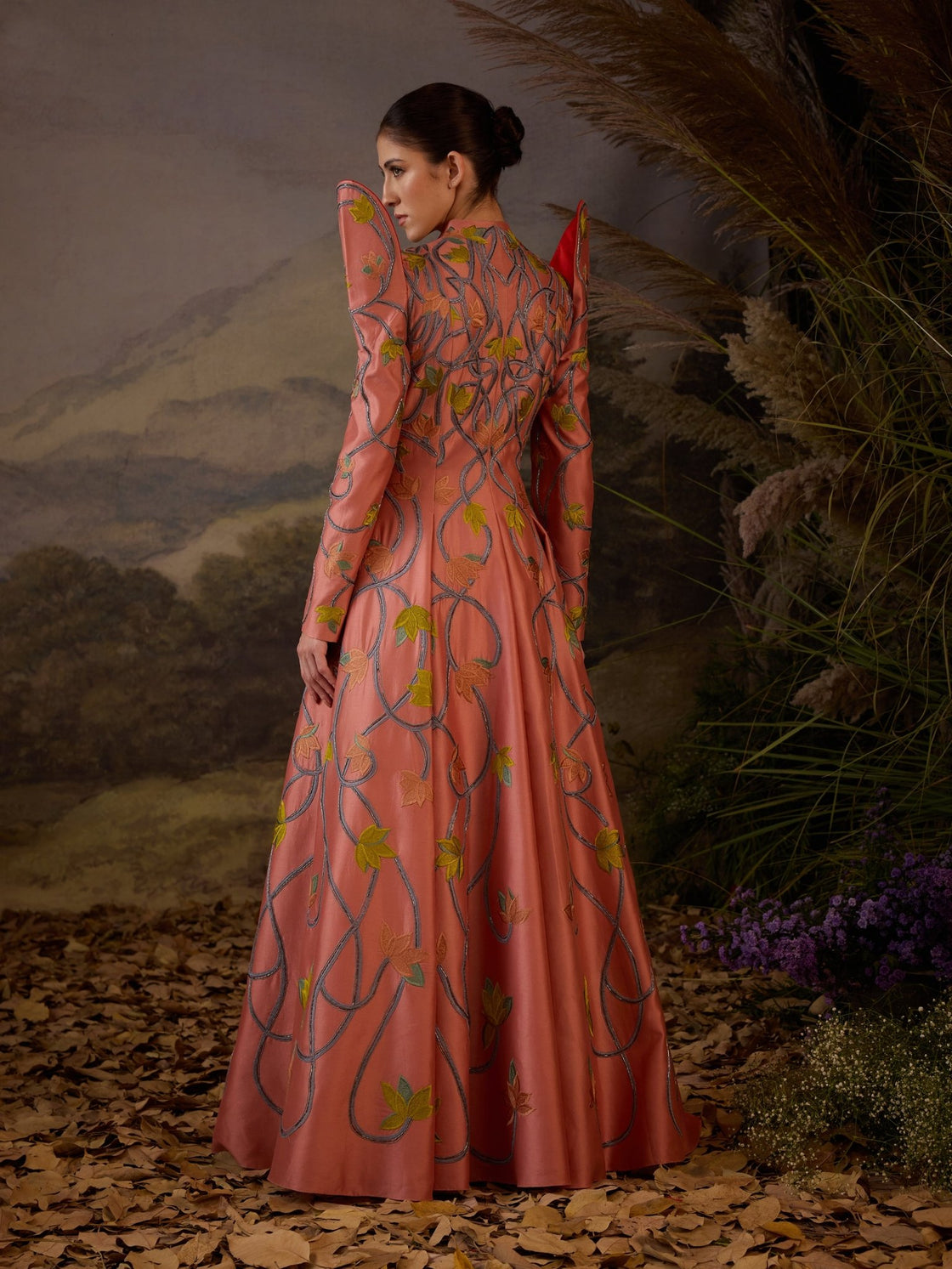 Embroidered Peach Long Jacket Gown - samantchauhan Apparel & Accessories