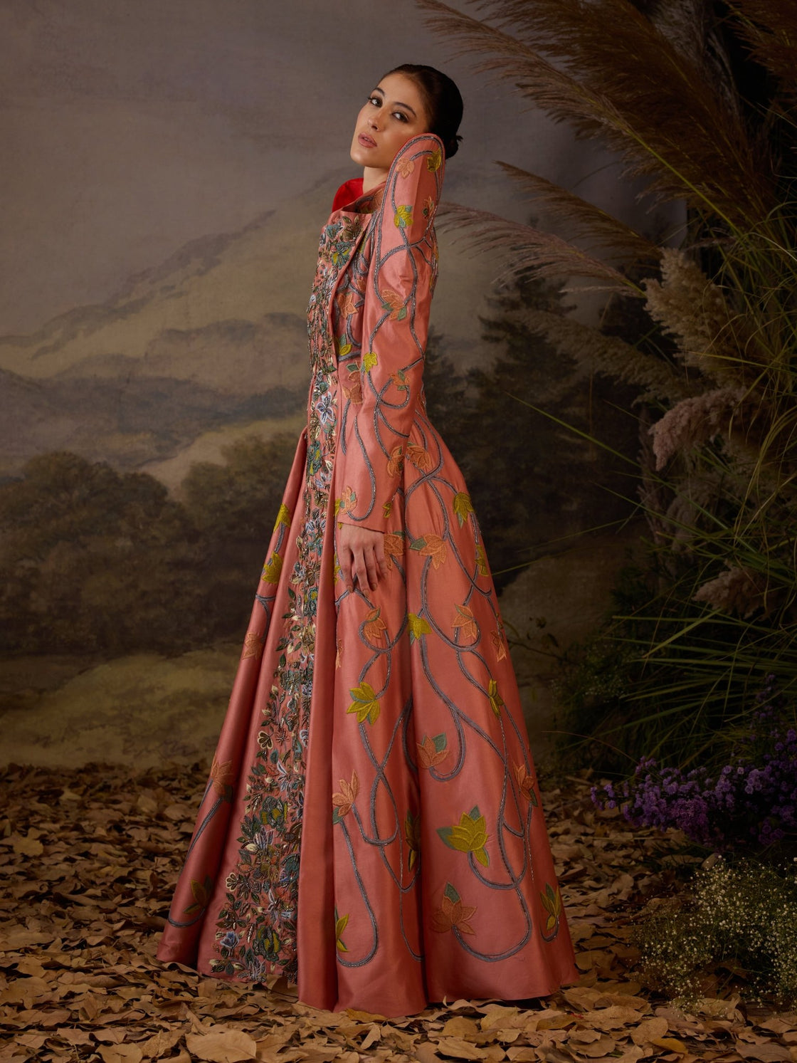 Embroidered Peach Long Jacket Gown - samantchauhan Apparel & Accessories