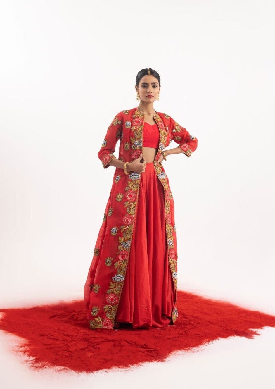 Exquisite 3 - piece set featuring a red long jacket set - samantchauhan Apparel & Accessories
