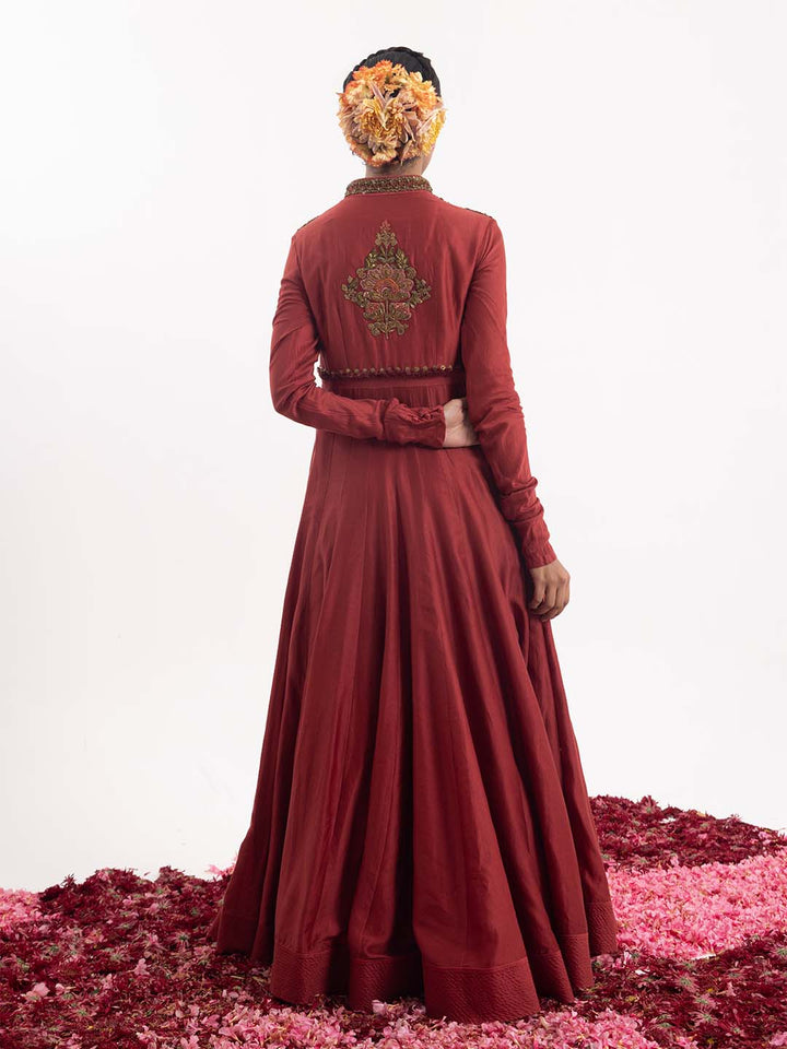 Exquisite one - piece anarkali dress in wine - colored cotton silk fabric. - samantchauhan Apparel &amp; Accessories