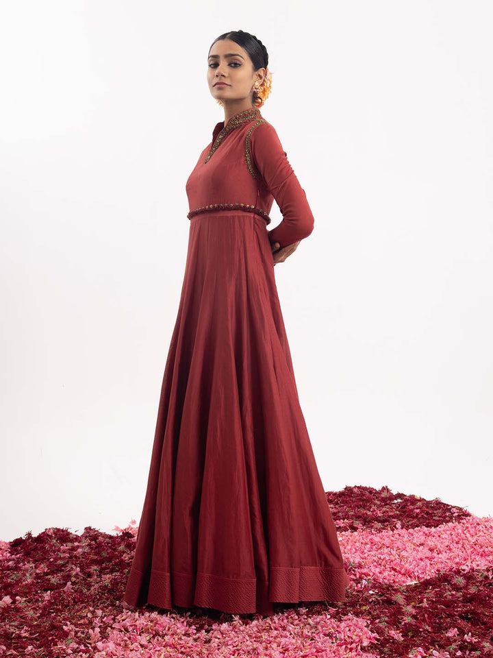 Exquisite one - piece anarkali dress in wine - colored cotton silk fabric. - samantchauhan Apparel &amp; Accessories