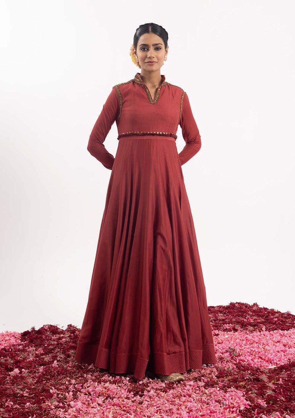 Exquisite one-piece anarkali dress in wine-colored cotton silk