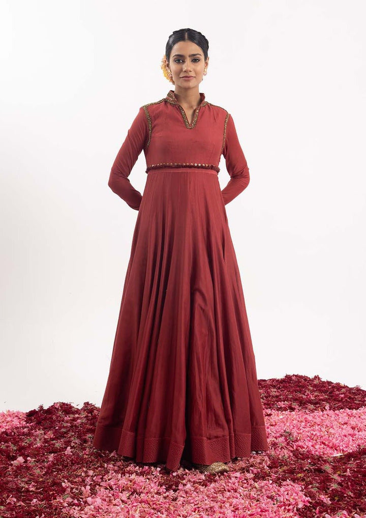 Exquisite one - piece anarkali dress in wine - colored cotton silk fabric. - samantchauhan Apparel &amp; Accessories