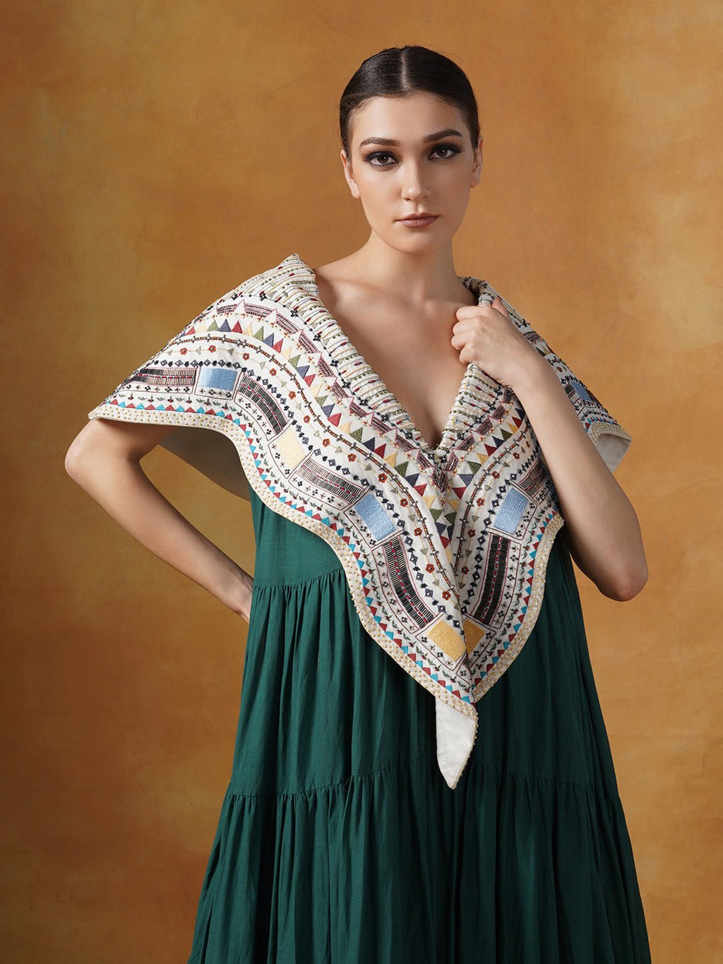 Floor length cotton tier dress in olive green. It is topped with a heavy embroidered cape around the neckline and shoulders. - samantchauhan Apparel & Accessories