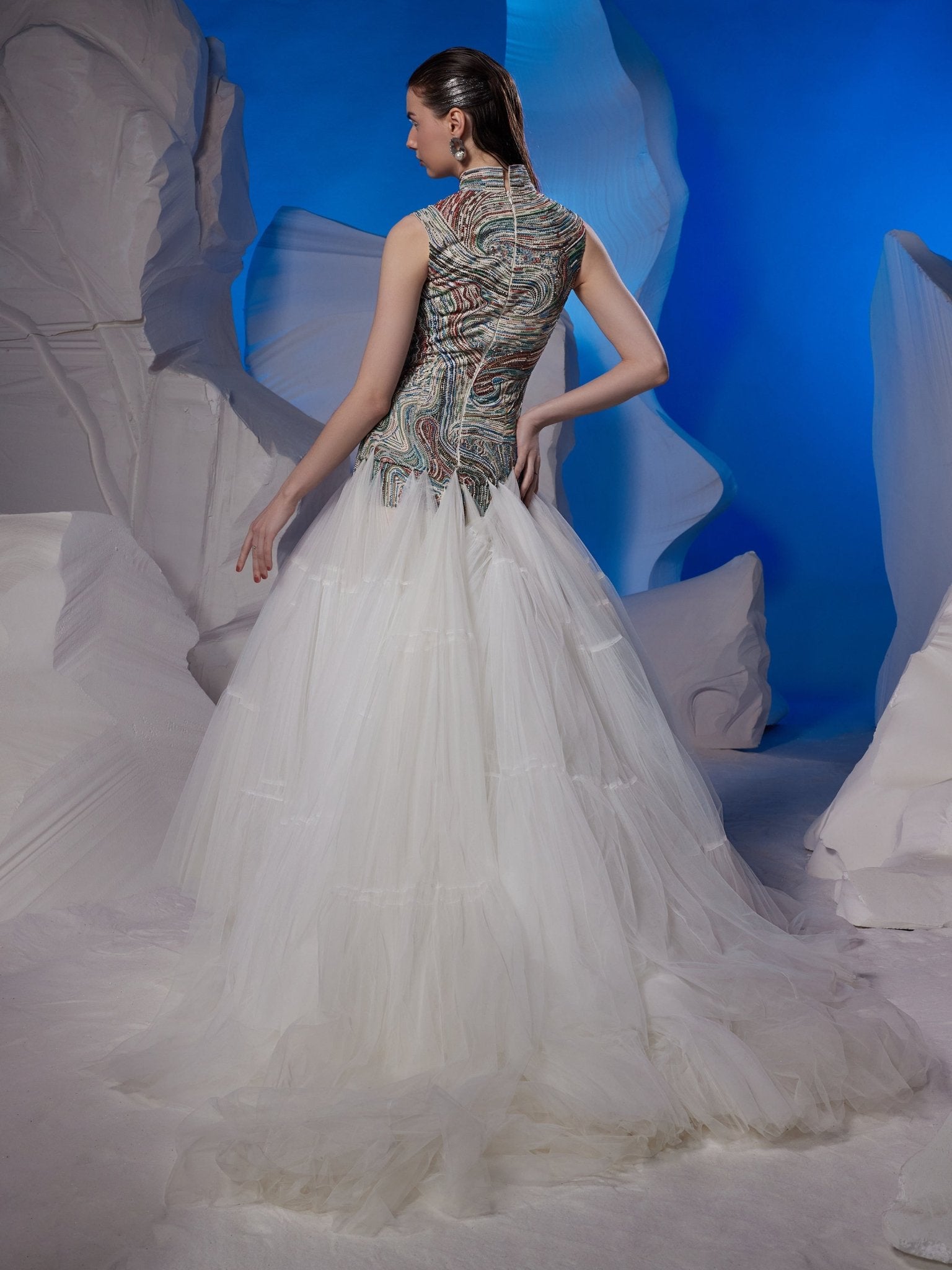 Floor - length gown featuring a high neckline - samantchauhan Apparel & Accessories