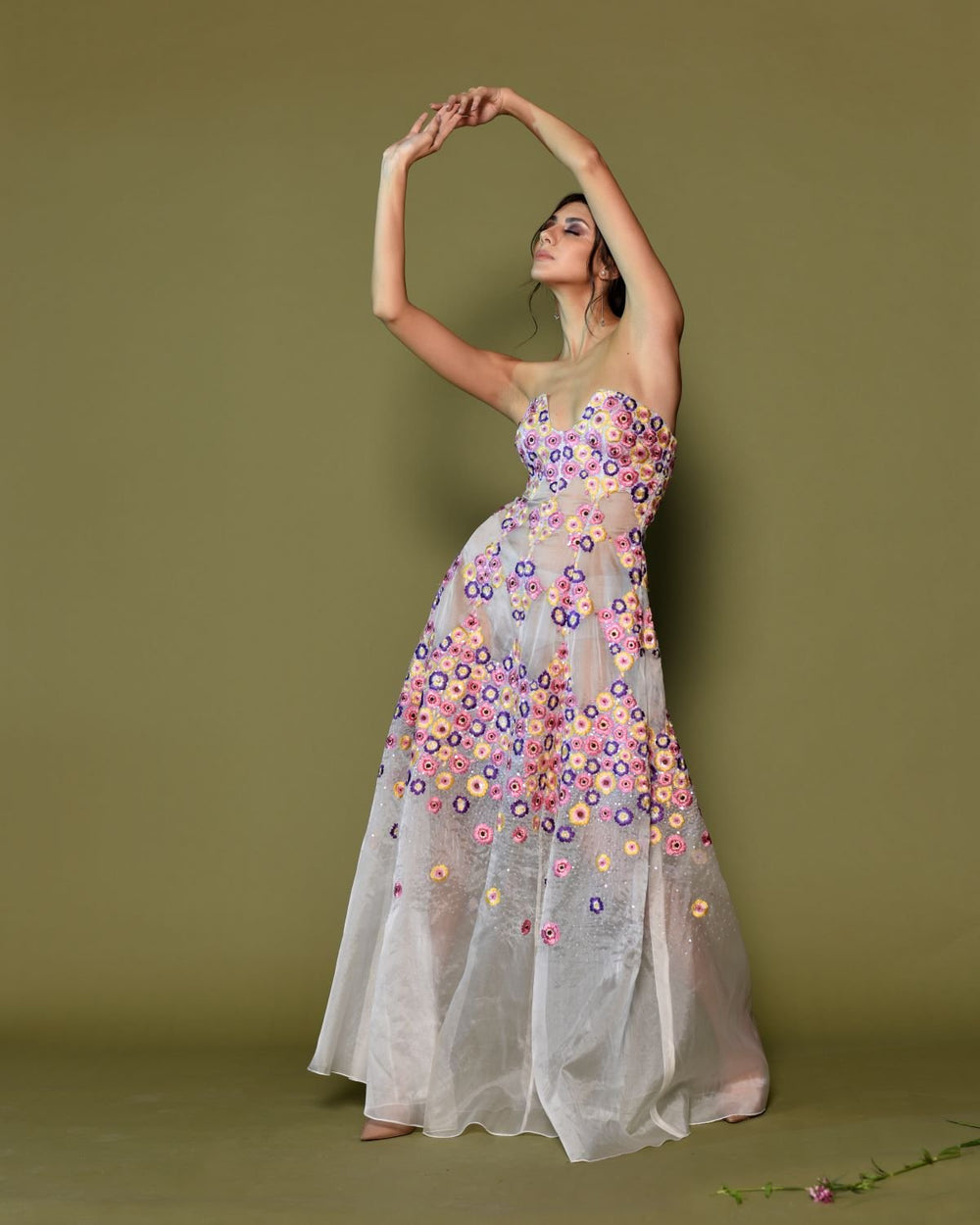 Floral Illusion Embroidered strapless gown.