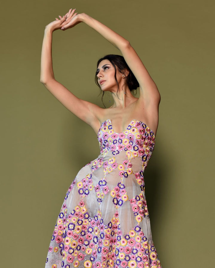 Floral Illusion Embroidered strapless gown.
