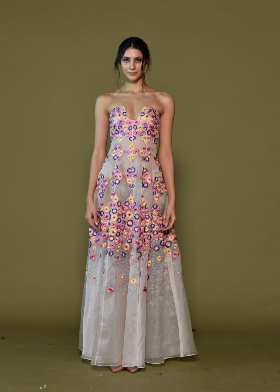 Floral Illusion Embroidered strapless gown.