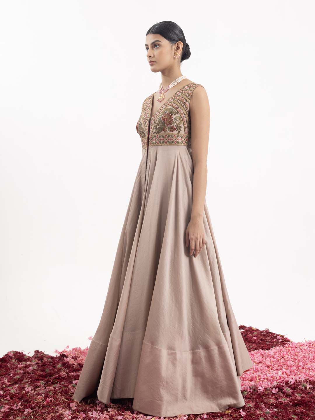 Front - open anarkali in beige cotton silk. - samantchauhan Apparel &amp; Accessories
