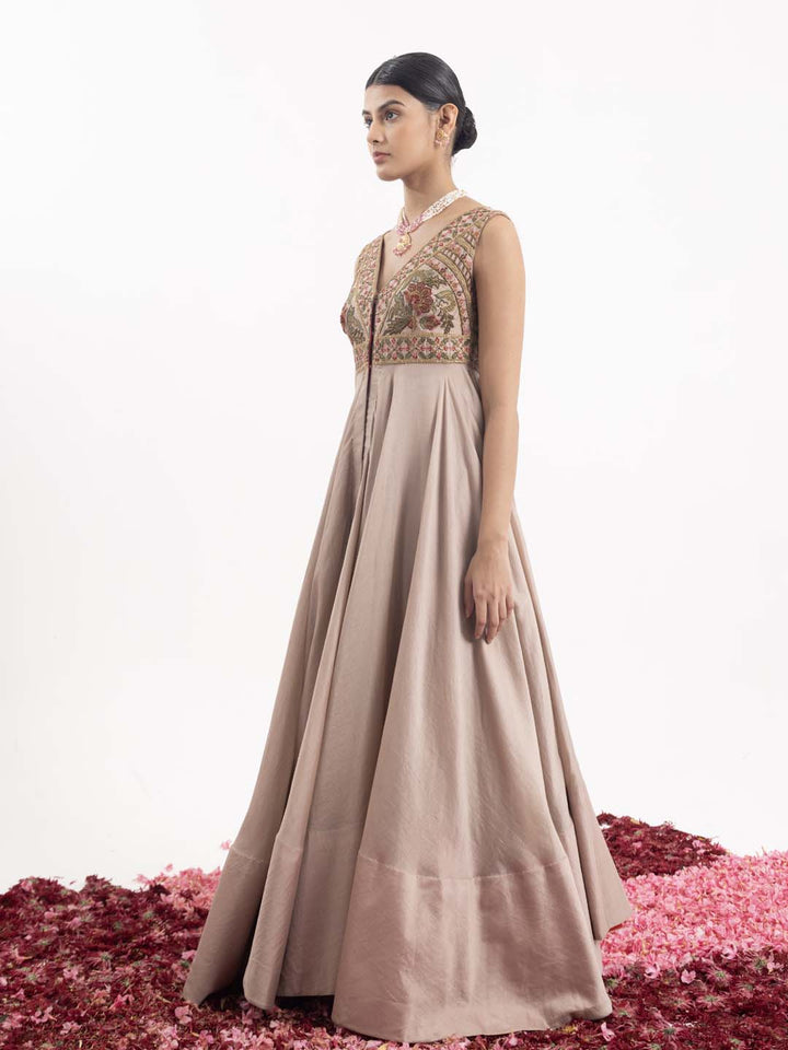 Front - open anarkali in beige cotton silk. - samantchauhan Apparel &amp; Accessories