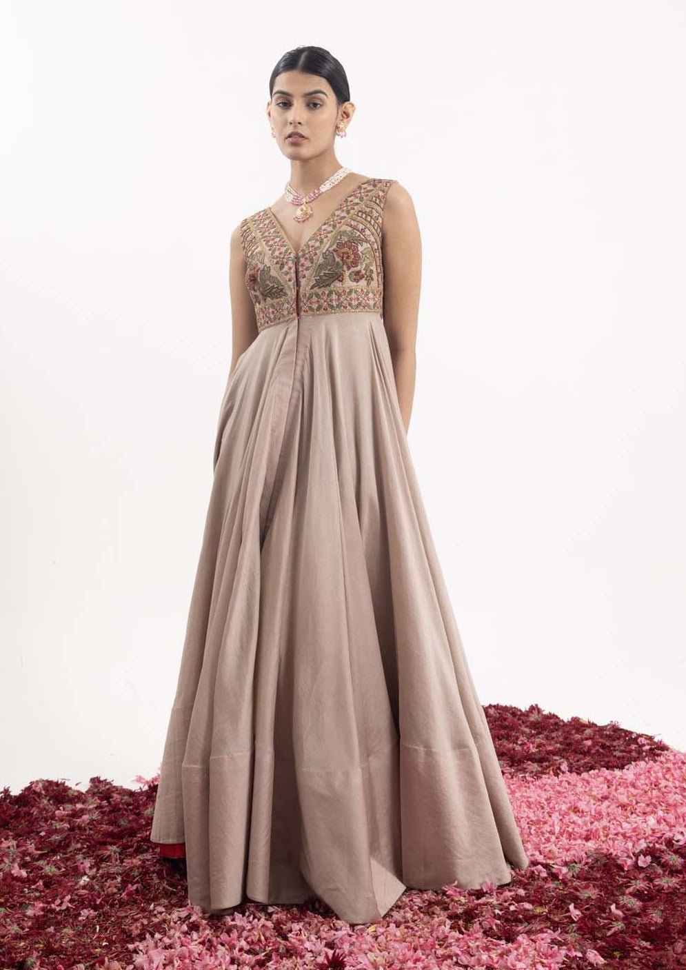 Front - open anarkali in beige cotton silk. - samantchauhan Apparel & Accessories
