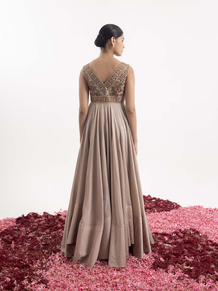 Front - open anarkali in beige cotton silk. - samantchauhan Apparel &amp; Accessories