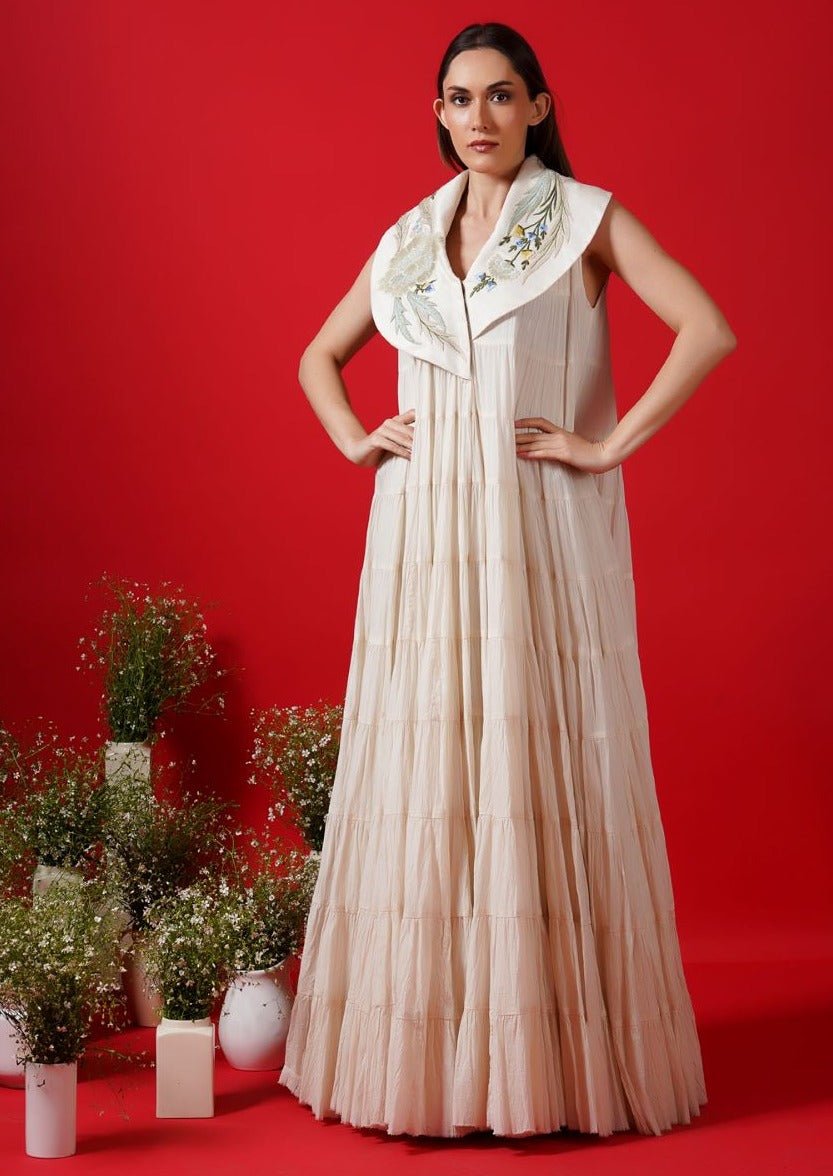 Front open tier dress enhance with embroidery neckline - samantchauhan Apparel & Accessories