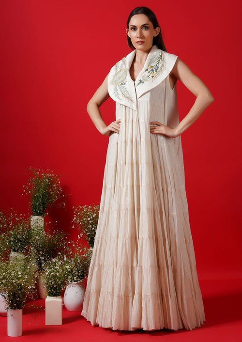 Front open tier dress enhance with embroidery neckline - samantchauhan Apparel & Accessories