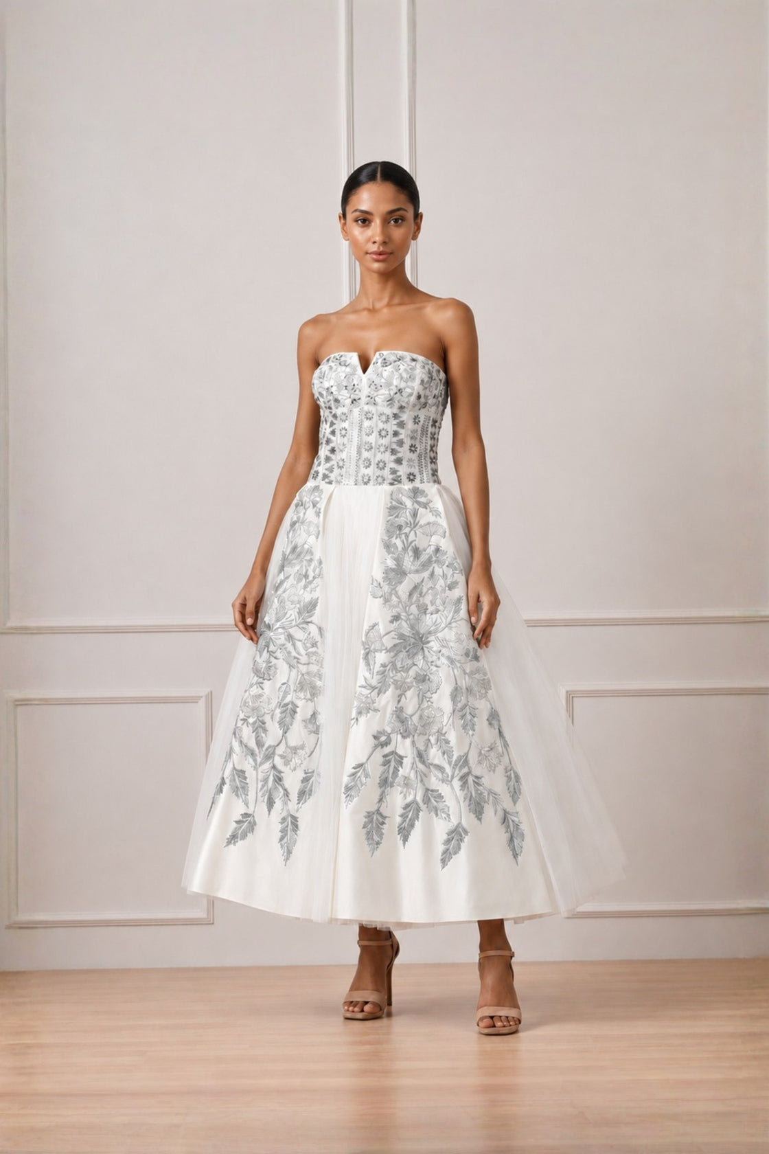 Pearl Ivory Contrasting Silver Botanical Embroidered Off Shoulder Dress