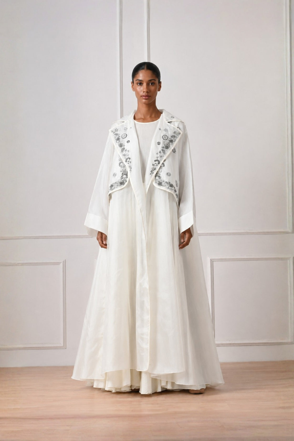 Ivory Embroidered Overlay Jacket With Plain Dress
