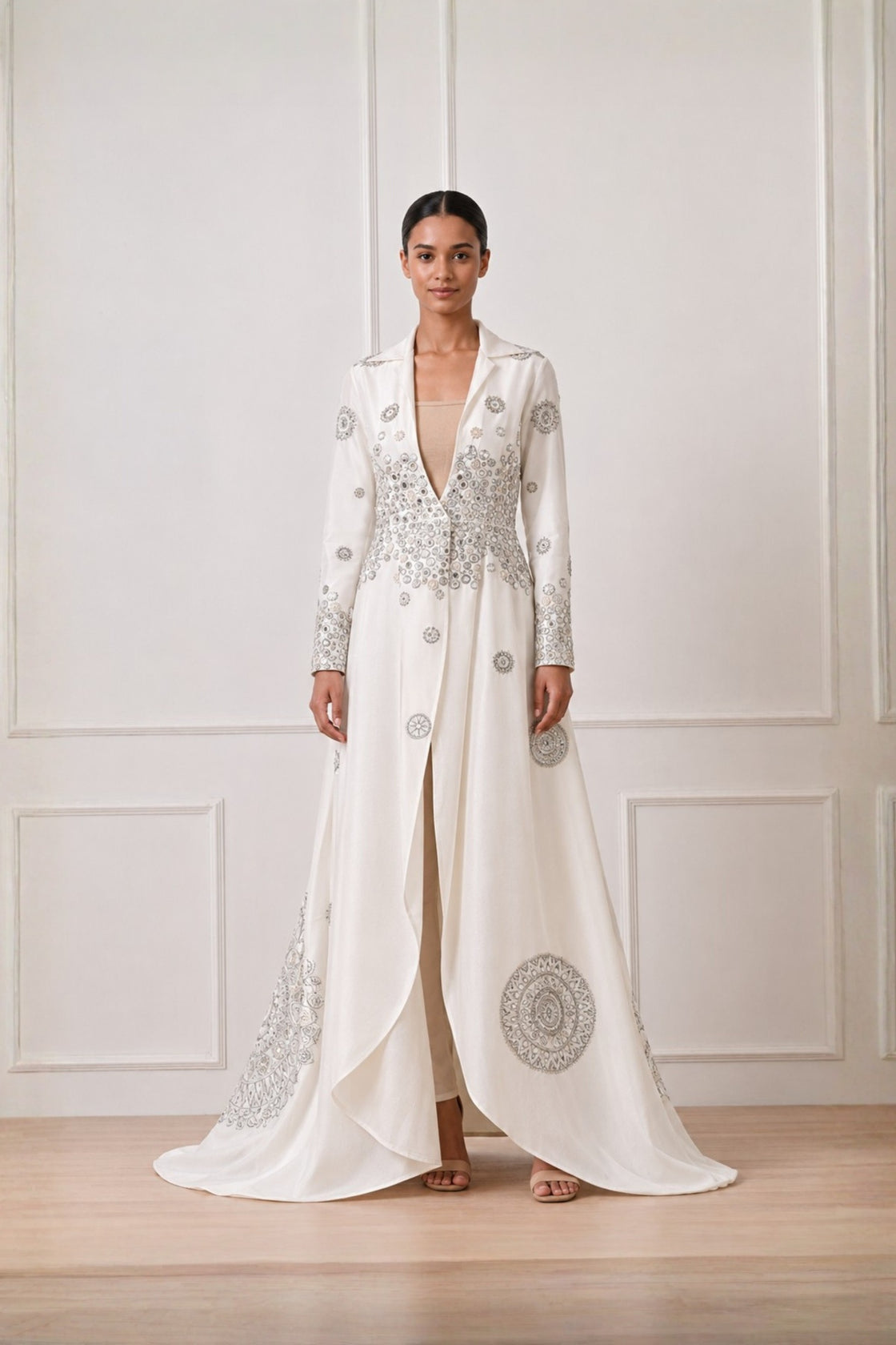 Ivory Mandala Inspired Embroidered Statement Overlay Jacket Dress