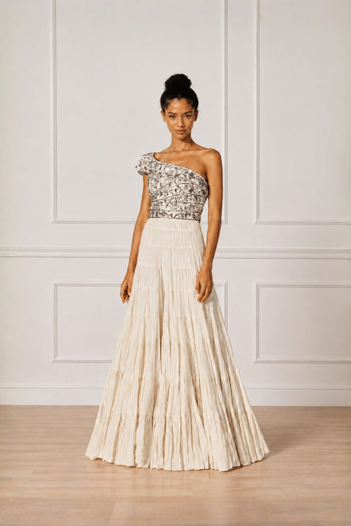 Ivory Silver Embroidered One-Side Shoulder Dress With Tier Dress