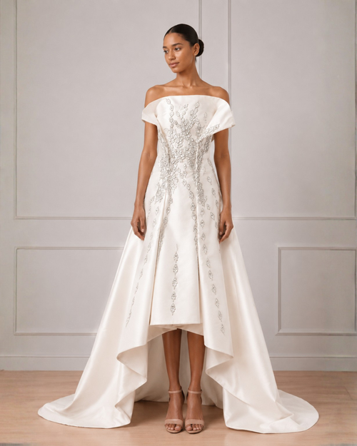 Asymmetrical hem off shoulder gown