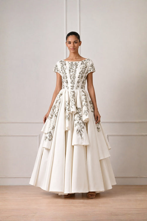 Ivory Threadwork Flared High Low Panel Highlight  Gown