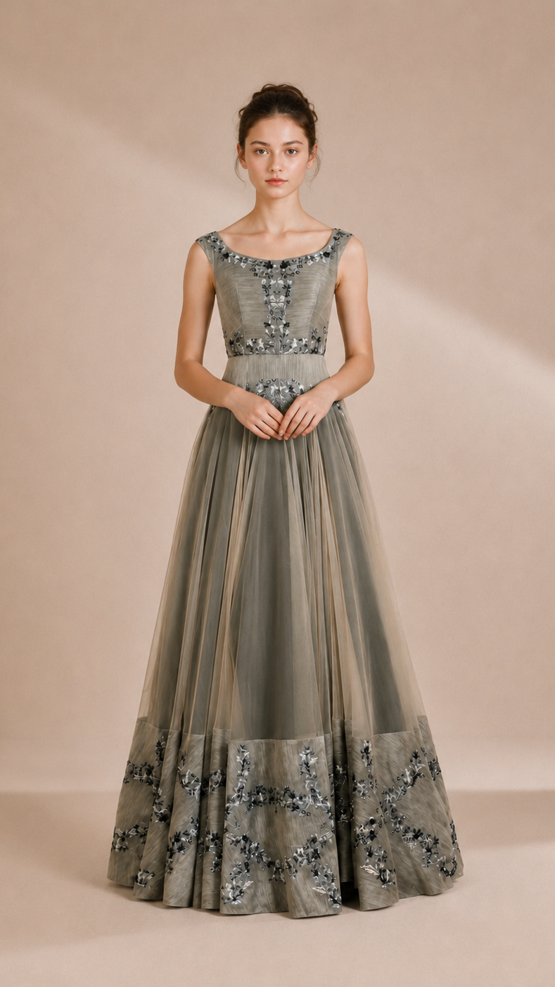 Woman wearing a long, elegant dress with floral patterns on a beige background
