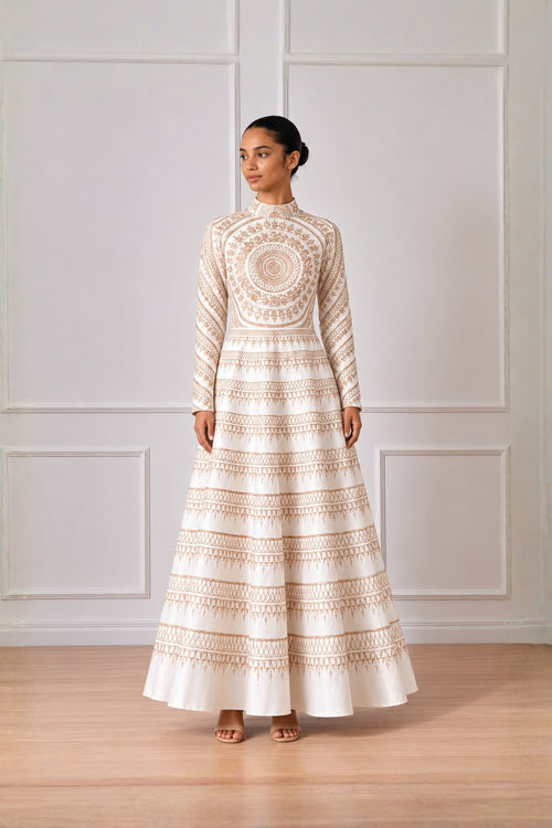 Ivory High Neck Silver Threadwork  Embroidered Dress