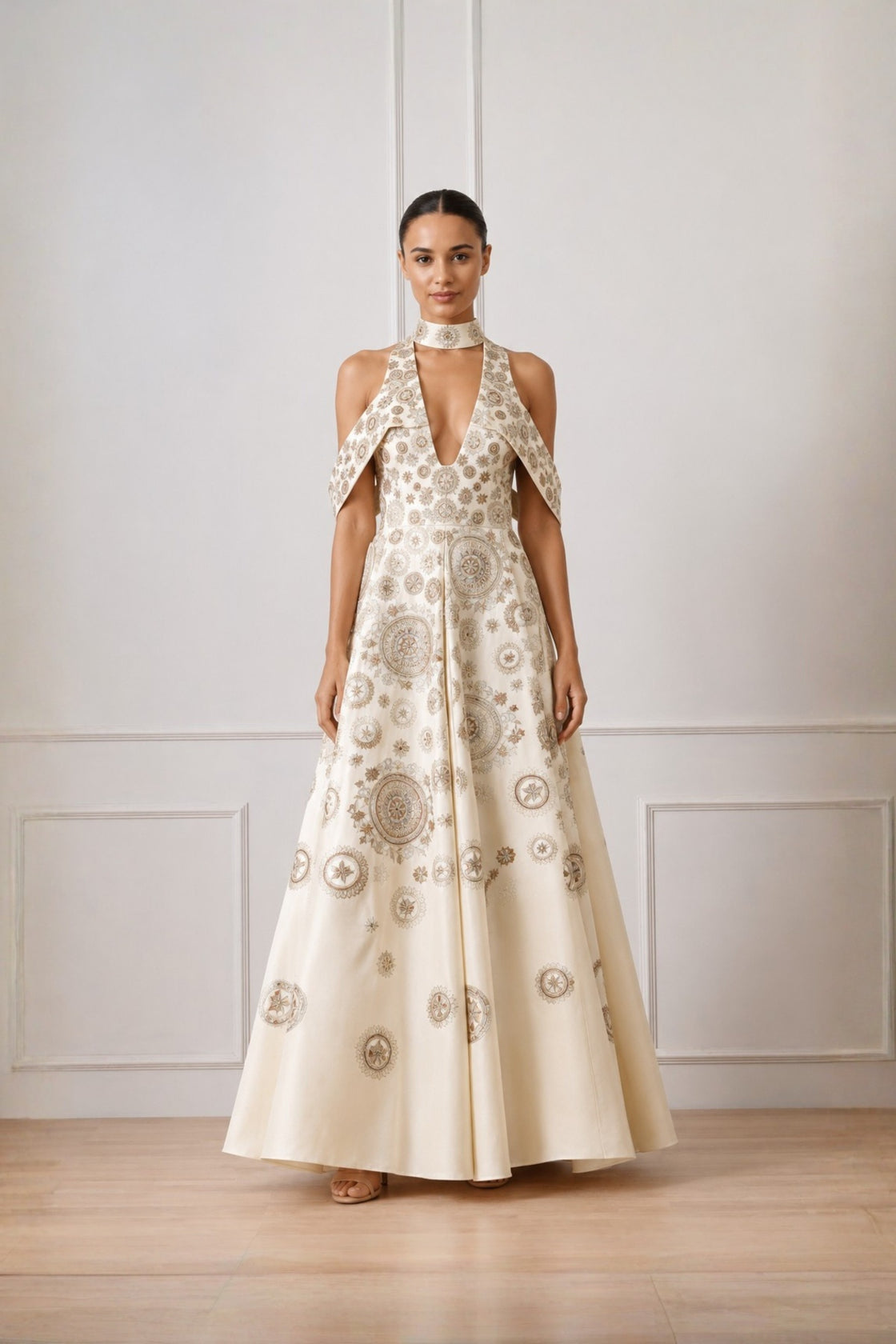 Ivory Embroidered Cold Shoulder Geometric Dress