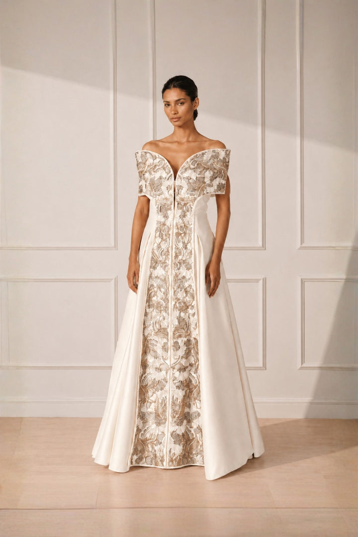 Ivory Off Shoulder Front Open Embroidered Panelled Gown