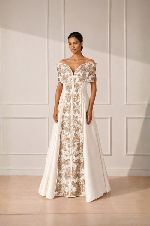 Ivory Off Shoulder Front Open Embroidered Panelled Gown