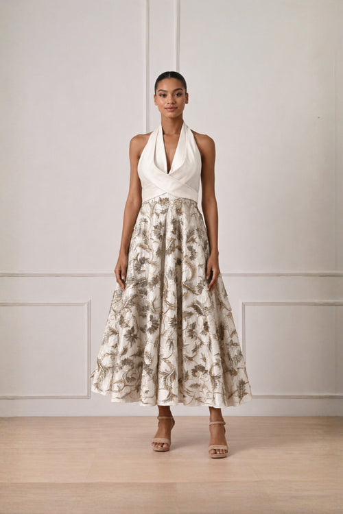 Ivory Plain Yoke With  Embroidered Flare Dress