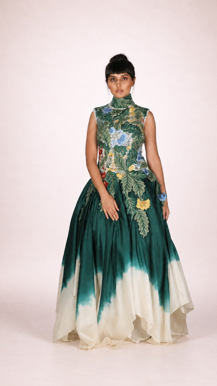Cotton-Silk Ombre Gown In Ivory And Green