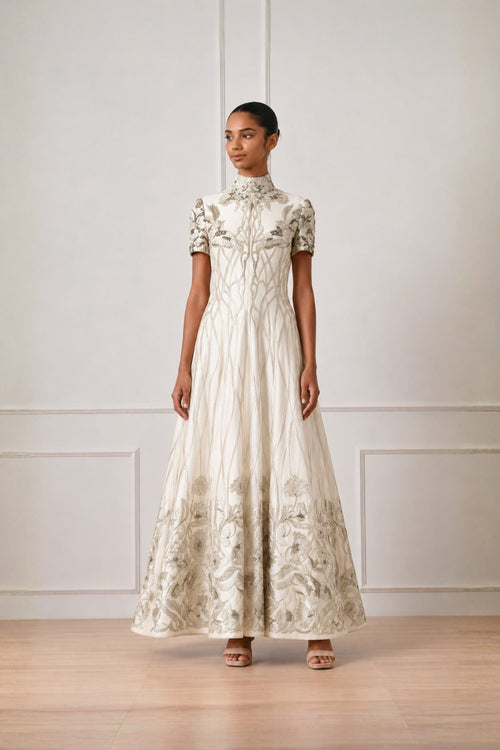 Ivory High Neck  Contrasting Silver Embroidered Dress
