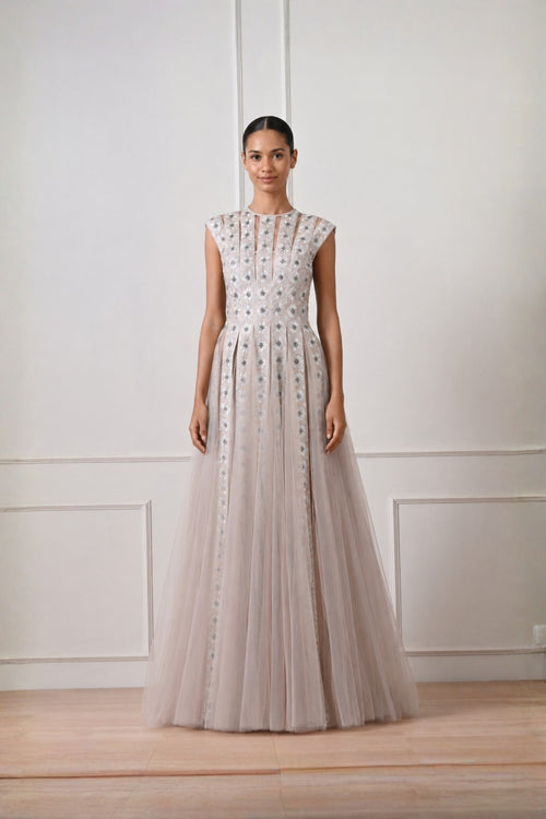 Pink Grey Threadwork Embroidered Dress With Tulle Flare