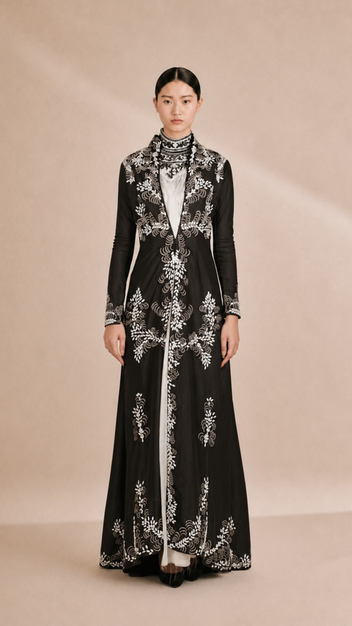 Woman wearing a black embroidered dress on a beige background