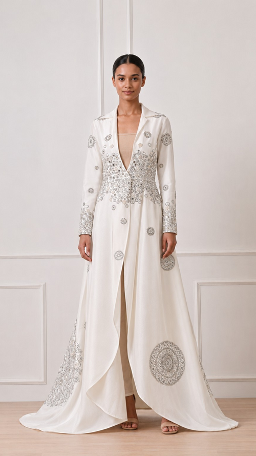 Woman wearing a long, elegant white dress with intricate silver detailing against a white paneled wall.