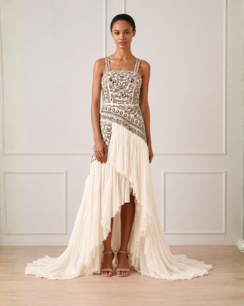 Asymmetrical high-low embroidered gown