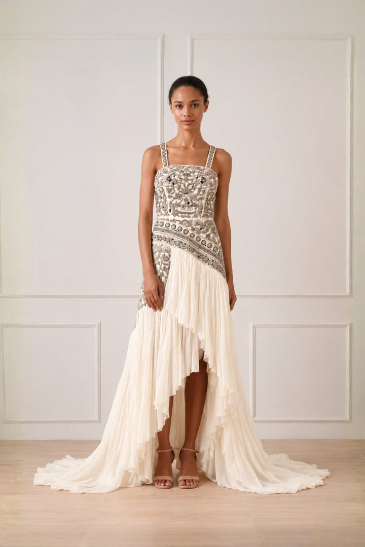 Ivory Asymmetric High Low Gather Dress With Silver Threadwork Highlight In Bodice