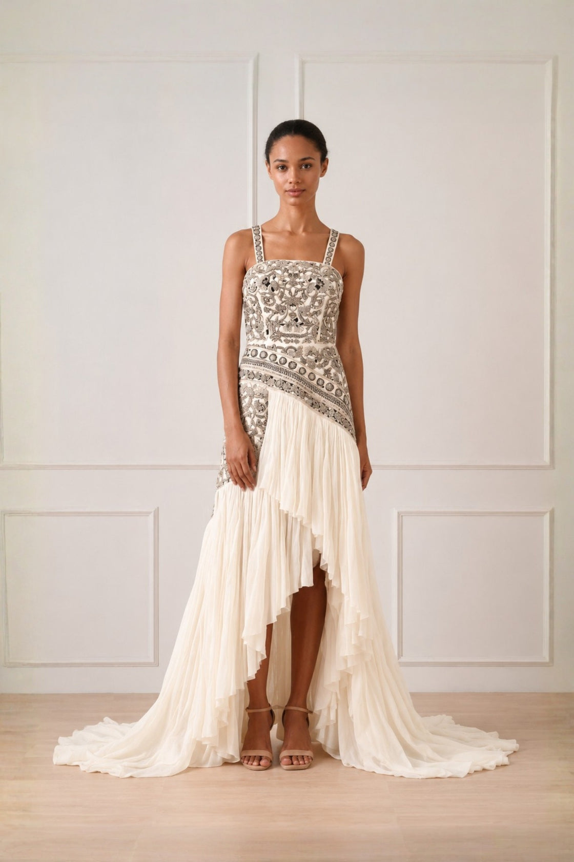Ivory Asymmetric High Low Gather Dress With Silver Threadwork Highlight In Bodice