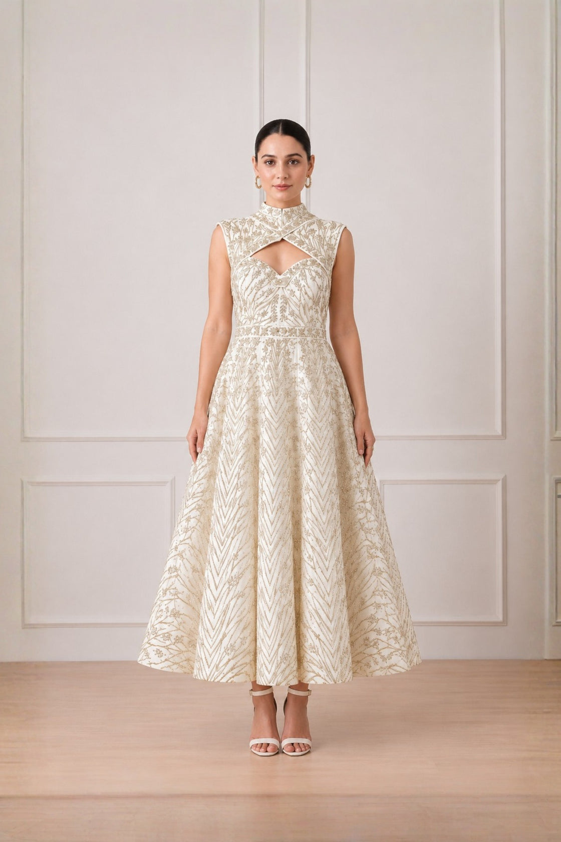 Ivory Metallic  Embroidered A-Line  Dress