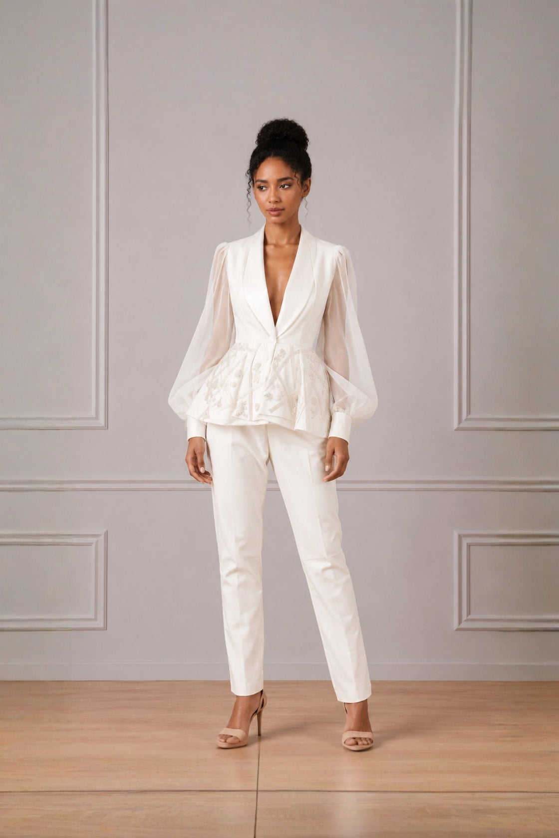 Ivory Puff Sleeve Peplum Top With Straight Pant Set