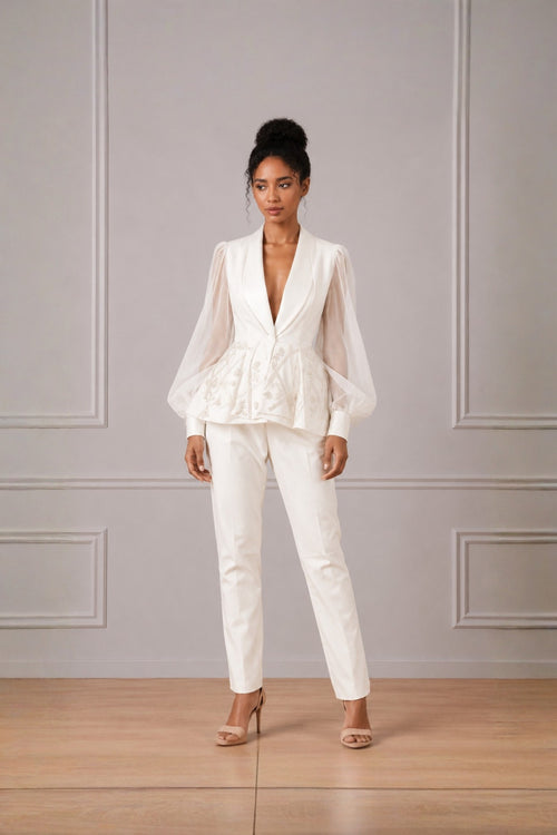 Ivory Puff Sleeve Peplum Top With Straight Pant Set