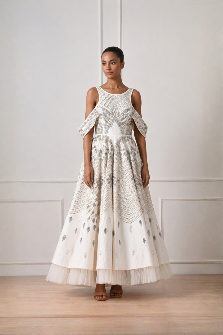 Ivory Crystal Embellished Layered Drop Shoulder Dress