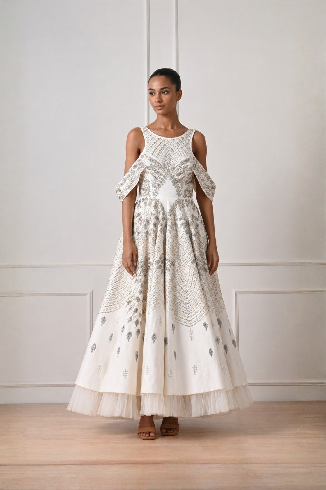 Ivory Crystal Embellished Layered Drop Shoulder Dress