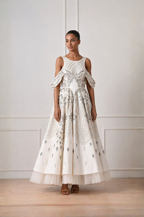 Ivory Crystal Embellished Layered Drop Shoulder Dress